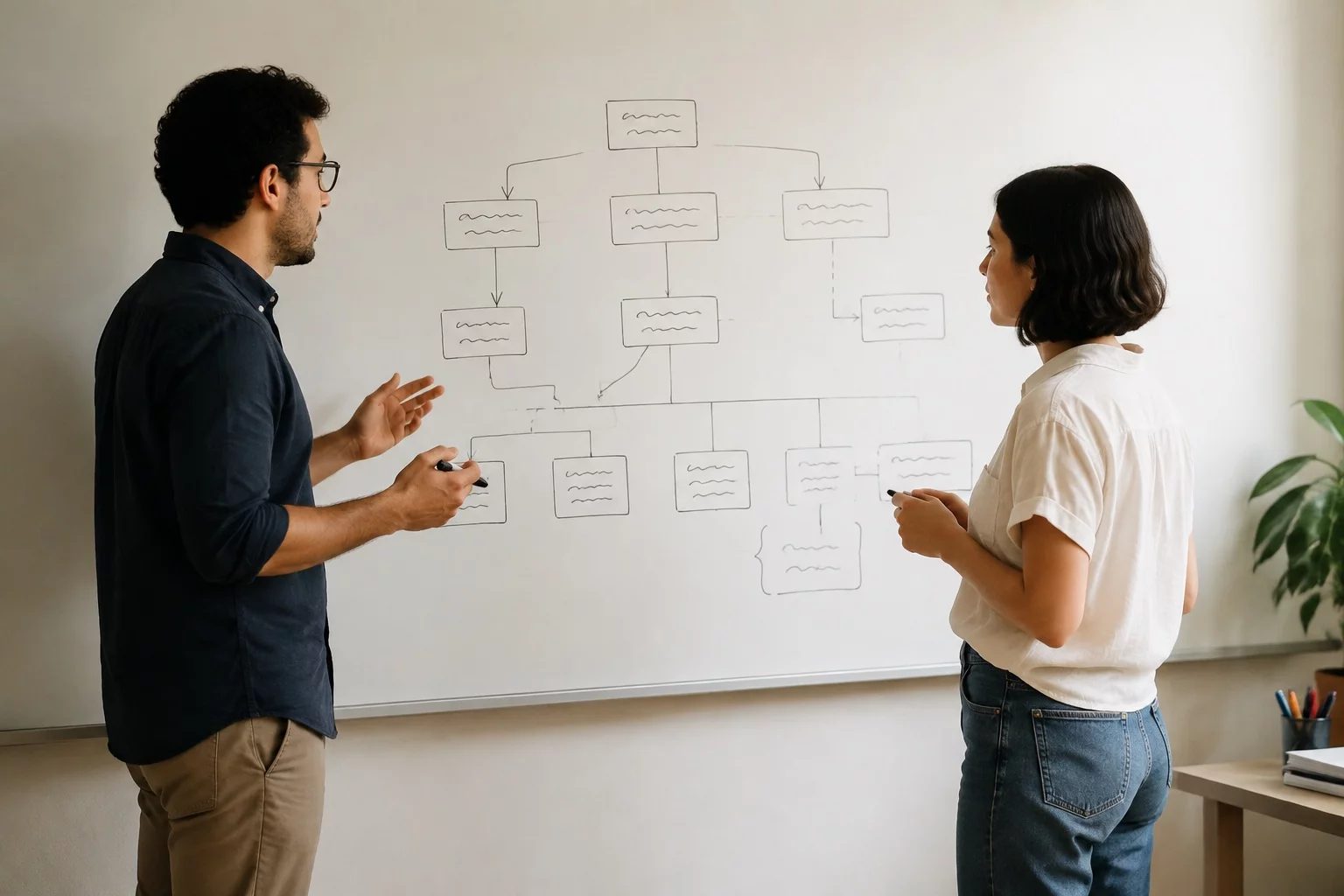 Duas pessoas diante de um quadro branco com um mapa de argumento desenhado à mão