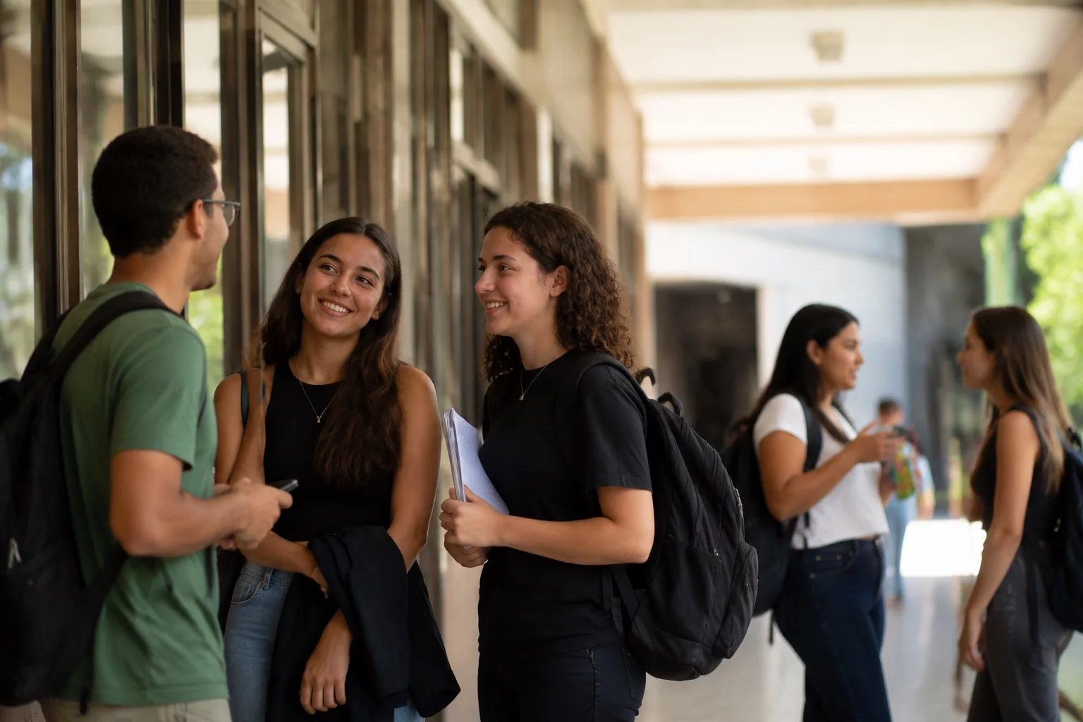 Estudantes com mochilas conversando no corredor de uma universidade