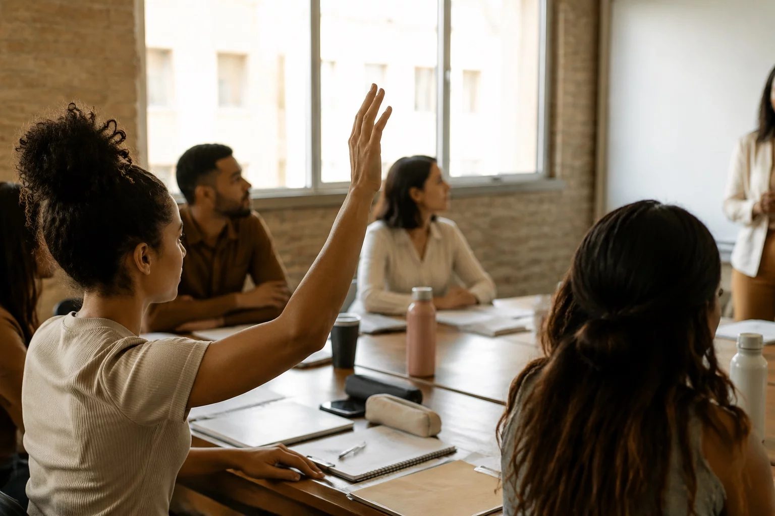 Estudante levantando a mão em uma mesa de seminário coberta de anotações