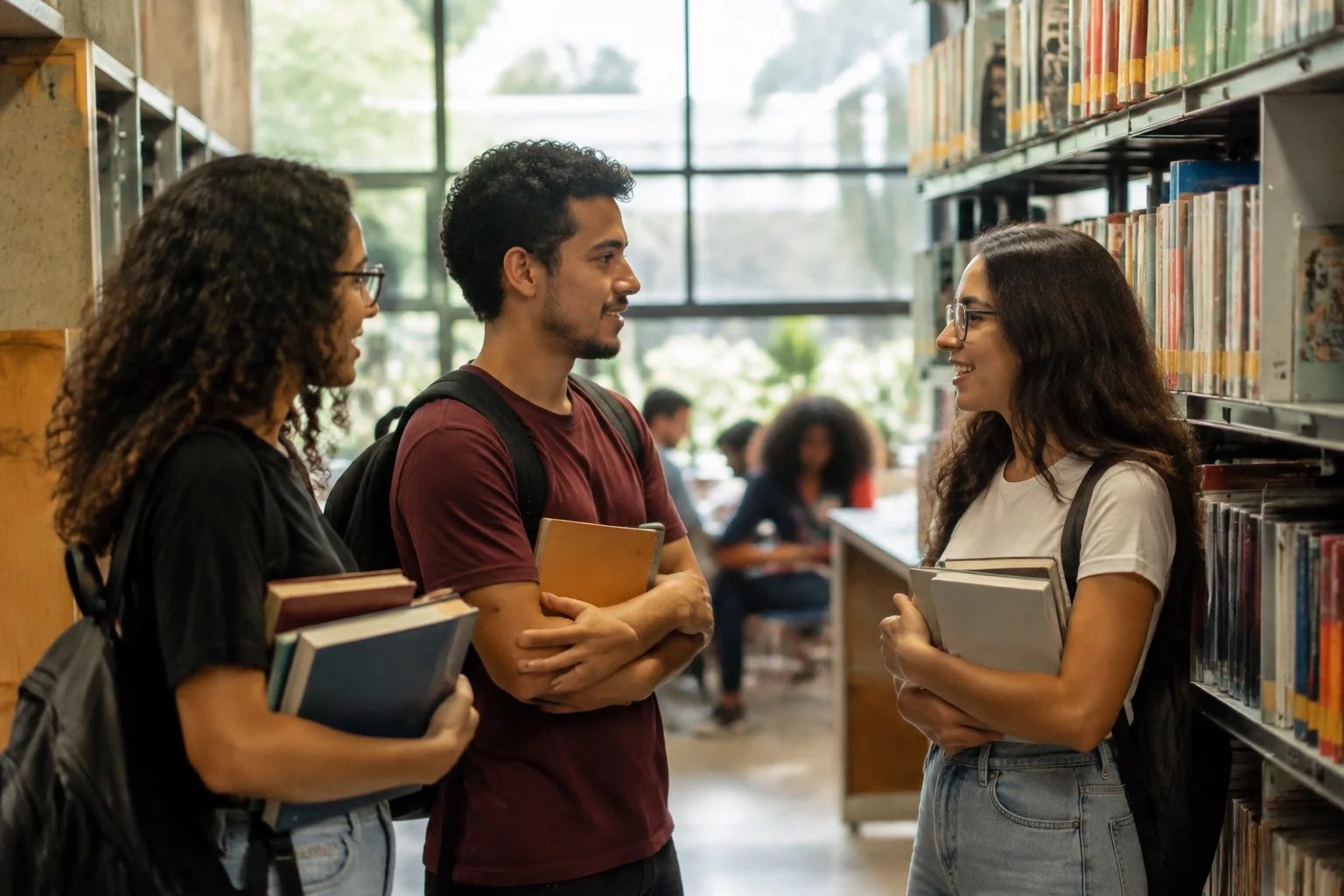 Estudantes conversando em pé entre as estantes de uma biblioteca