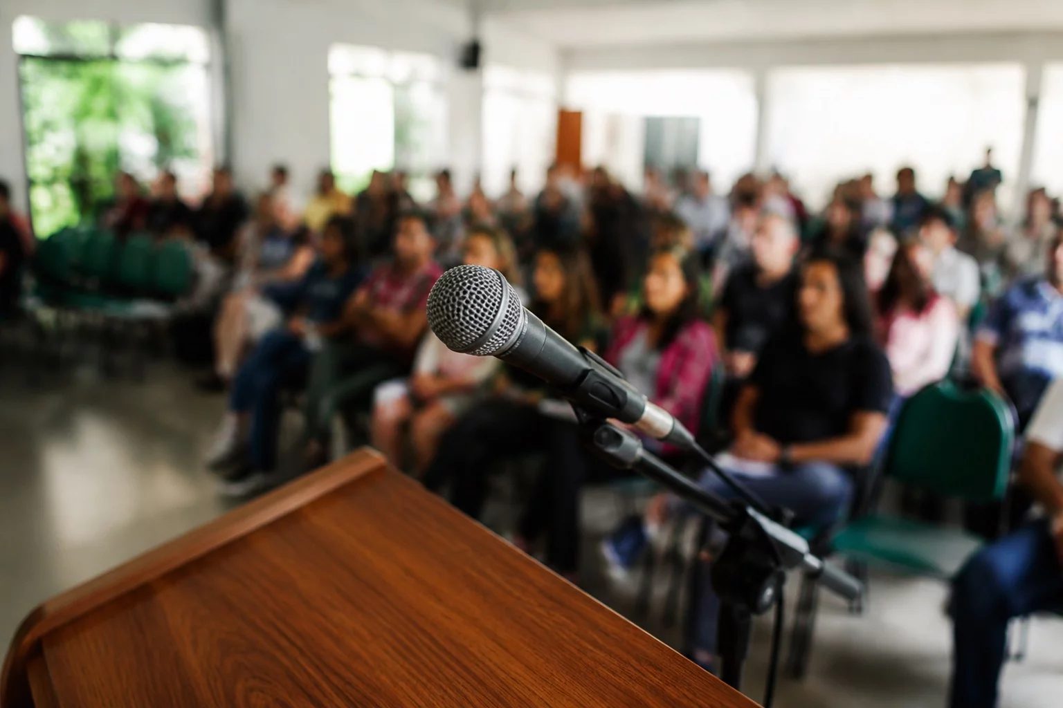 Microfone sobre uma tribuna, com a plateia sentada desfocada ao fundo