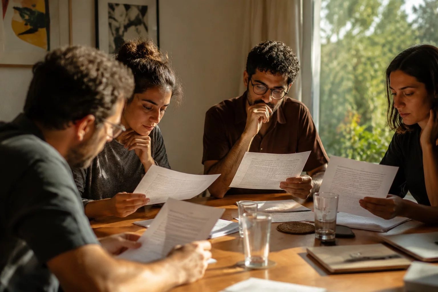 Grupo pequeno lendo páginas impressas de argumentos ao redor de uma mesa