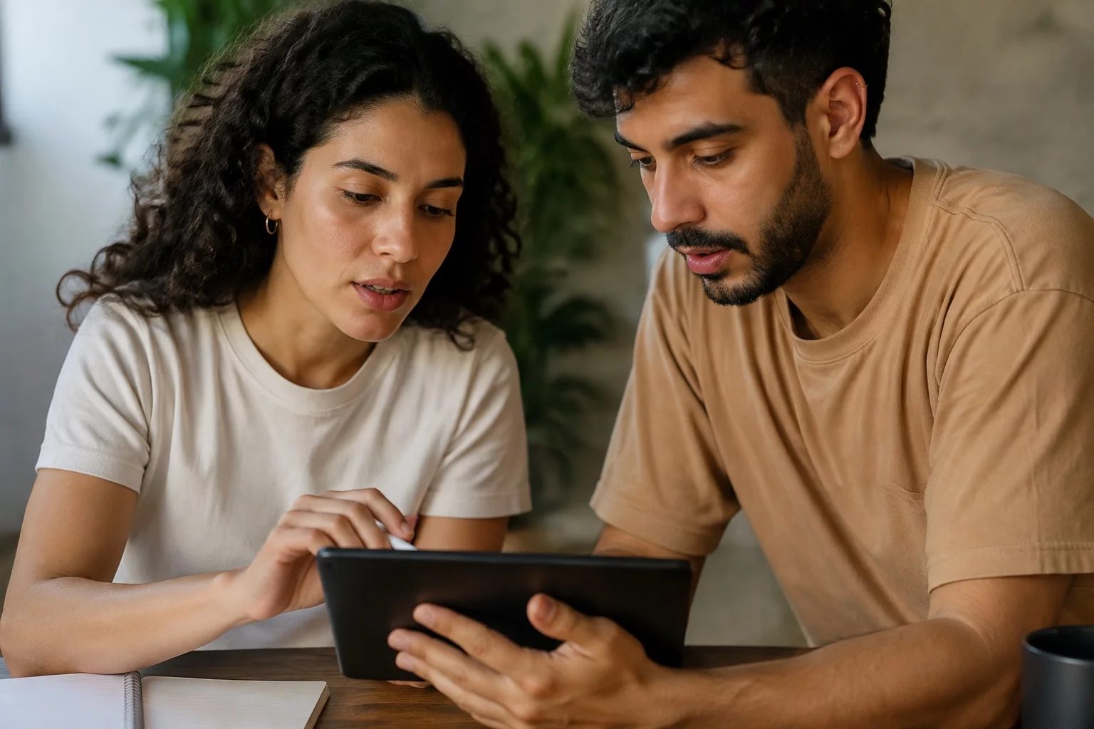 Duas pessoas revisando anotações em um tablet sobre uma mesa de madeira