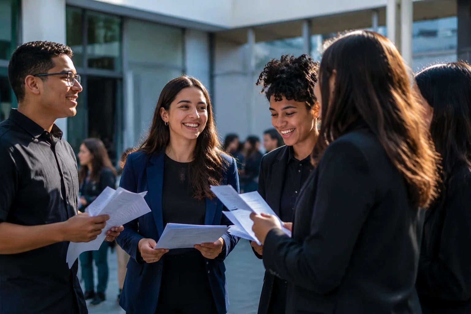 Grupo sorrindo após uma rodada de debate, com papéis nas mãos